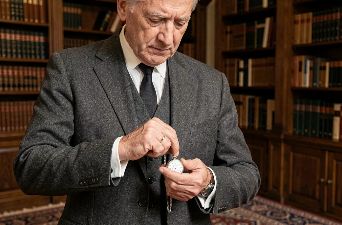 Homme élégant en costume trois pièces extrayant une montre de poche en argent de son gilet dans une bibliothèque en bois sombre