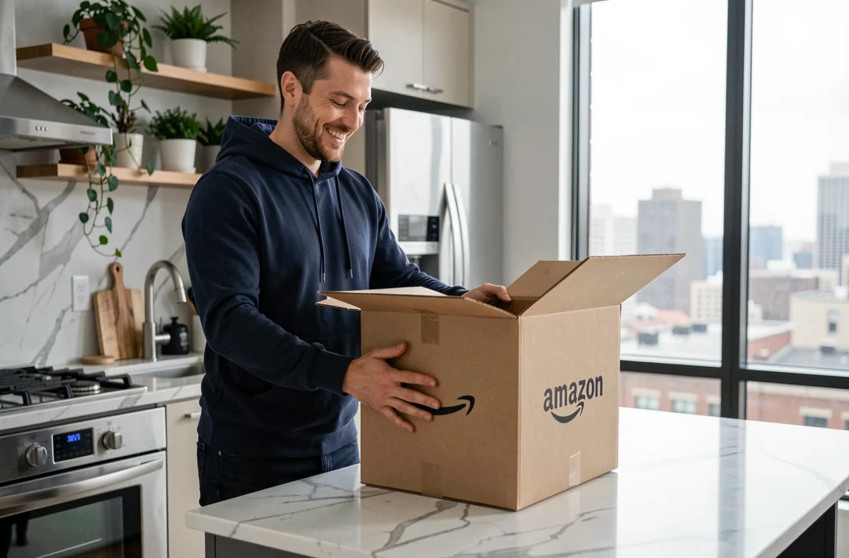 Homme recevant un colis Amazon Prime livré rapidement à son domicile