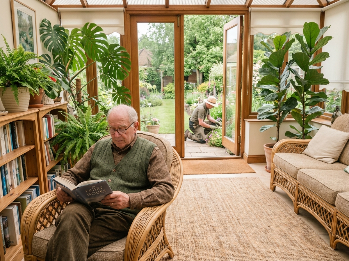 Homme âgé lisant dans un salon lumineux avec plantes et jardin