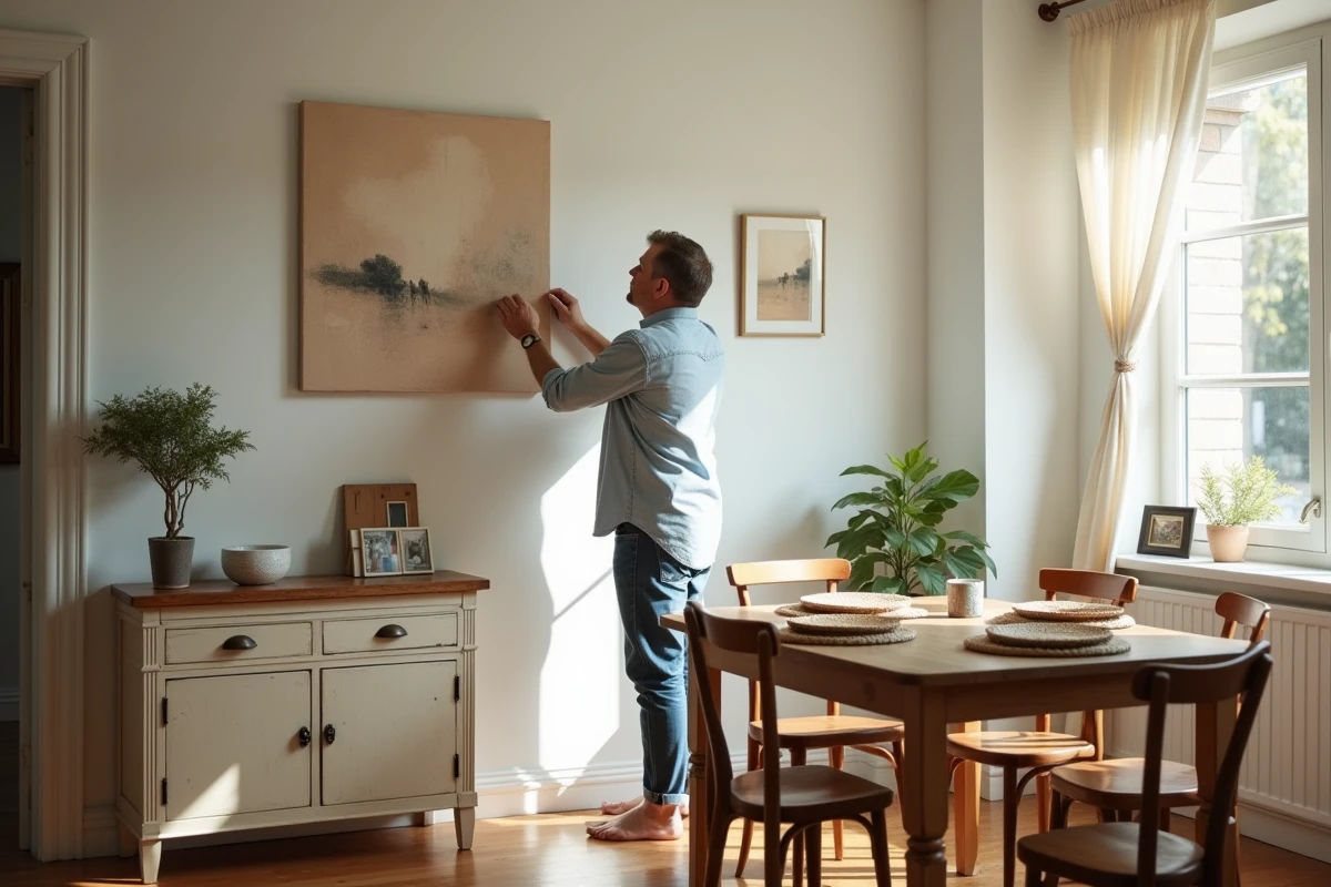Homme accrochant une peinture abstraite dans une salle à manger lumineuse
