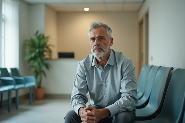Homme d'âge mûr assis seul dans une salle d'attente d'hôpital, mains jointes, expression pensive évoquant l'attente d'un diagnostic médical