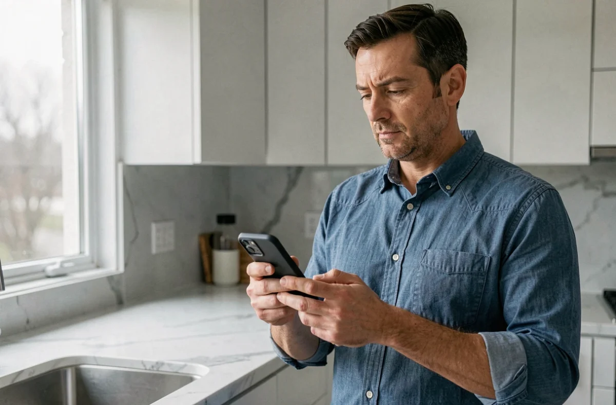 Homme consultant un site internet sur smartphone dans une cuisine moderne, navigation sécurisée Nokraf