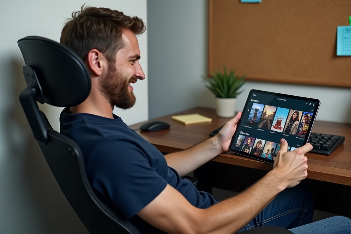 Homme en home office consultant une interface de téléchargement de séries et films sur une tablette tactile