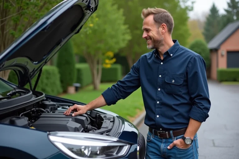 Homme vérifiant le niveau d'huile d'une voiture moderne