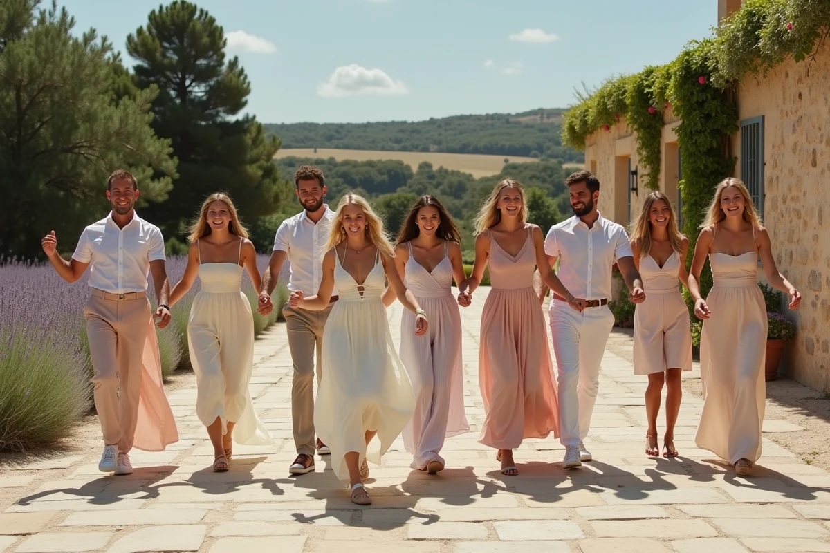 Groupe d'invités de mariage dansant le Madison en synchronisation sur une terrasse provençale entourée de lavande