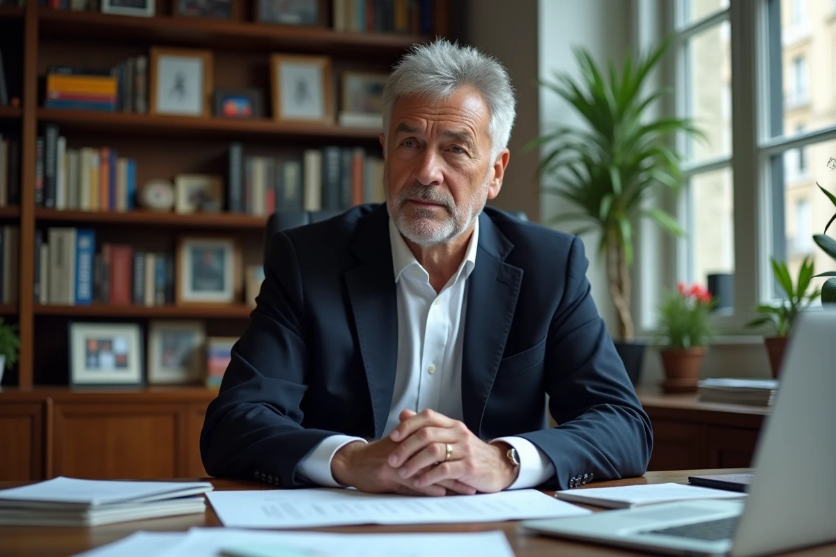 Journaliste expérimenté assis à son bureau entouré de documents et de livres, expression grave et professionnelle dans un bureau parisien