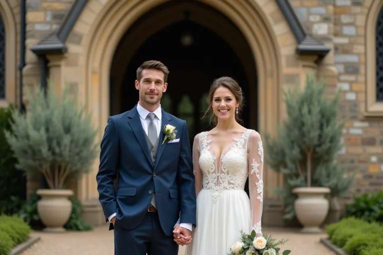 Jeune femme en robe de mariage ivoire devant chapelle rustique