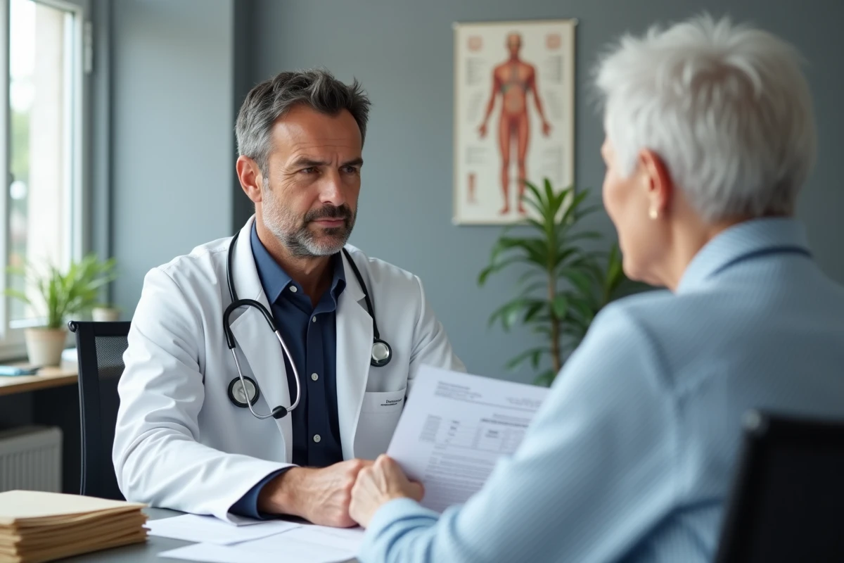 Médecin français consultant une patiente de 90 ans dans un cabinet médical, illustrant le suivi de la longévité en France