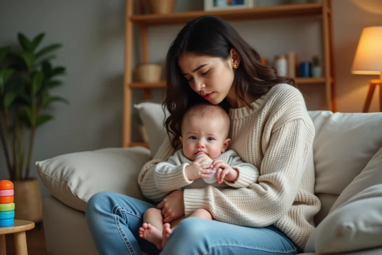 Jeune mère réconforte son bébé en dentition dans un salon chaleureux