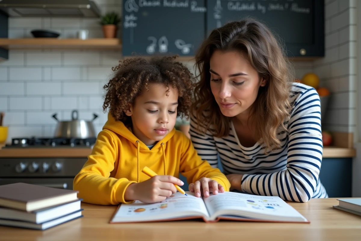 Mère accompagnant son enfant dans une activité de lecture éducative autour d'un livre illustré dans une cuisine moderne