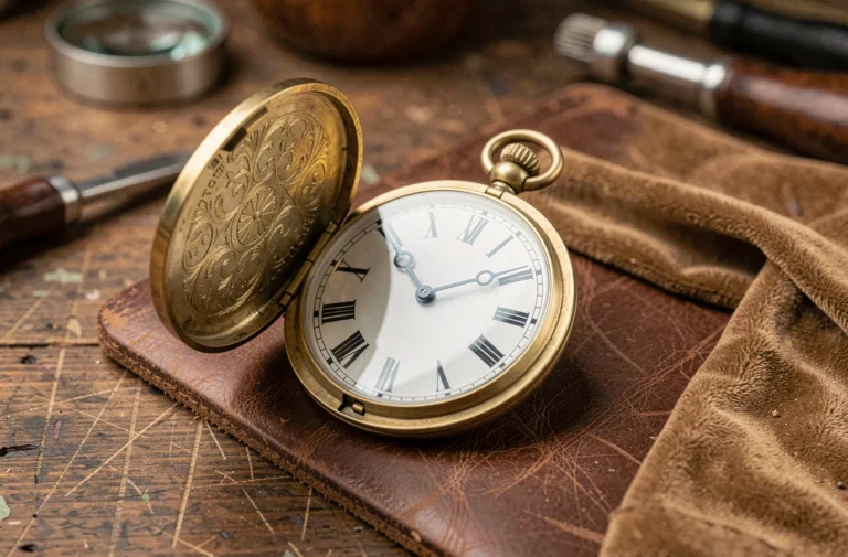 Montre de poche ancienne en or posée ouverte sur un établi de sellier en cuir brun, révélant un cadran émaillé blanc avec chiffres romains