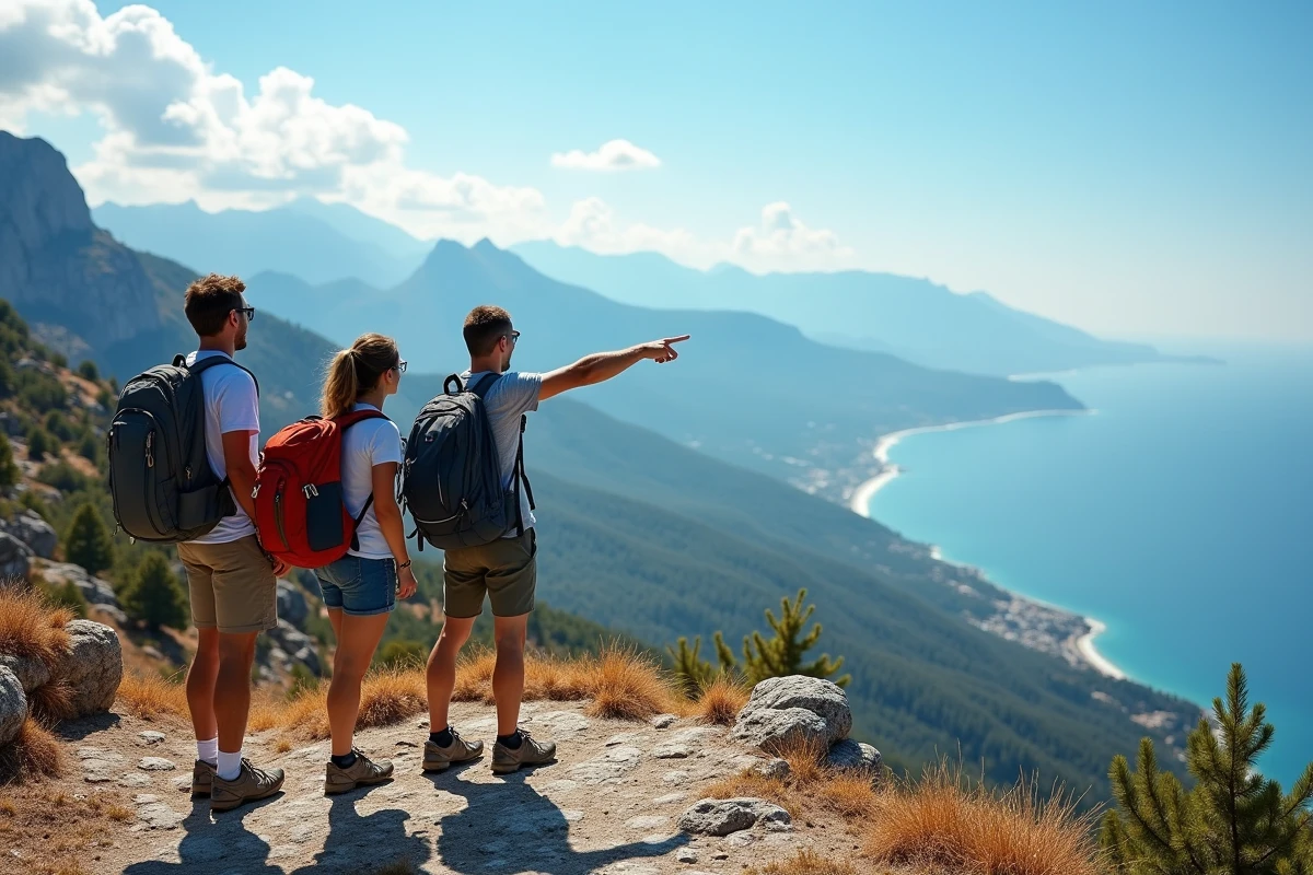 Groupe de touristes admirant le panorama montagne et mer de Corse depuis un belvédère en circuit organisé