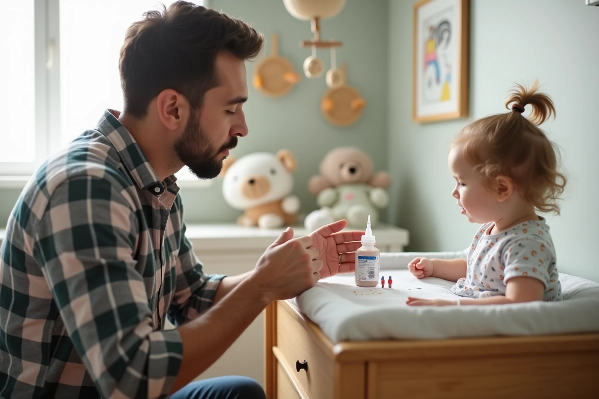 Père prépare des médicaments pour sa fille dans une nurserie douce