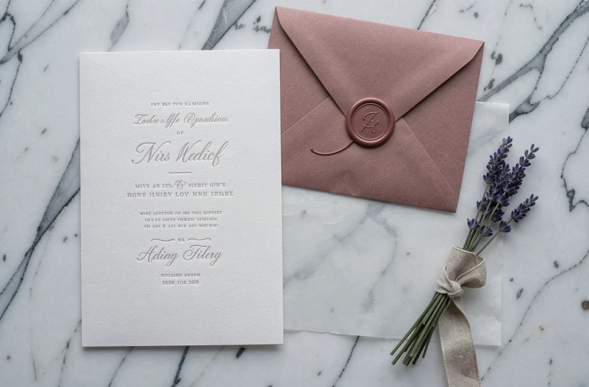 Papeterie de mariage tendance avec invitation en papier coton, enveloppe cachet de cire et vellum sur marbre blanc