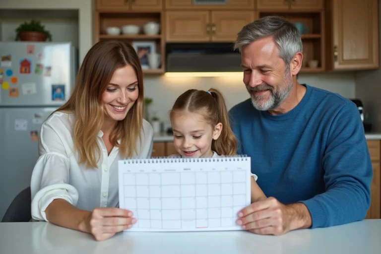 Famille avec calendrier scolaire dans une cuisine lumineuse
