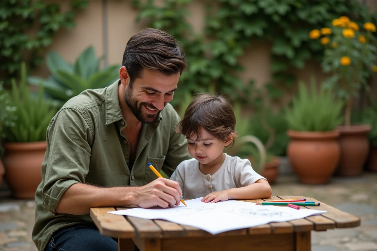 Père aidant son enfant à dessiner avec des crayons de couleur à une table en bois sur une terrasse de jardin ensoleillée