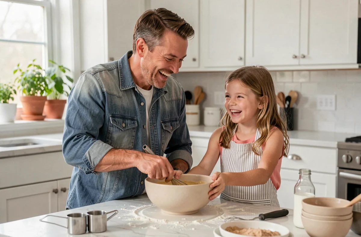 Père et fille cuisinant ensemble dans une cuisine familiale moderne, moment de parentalité positive