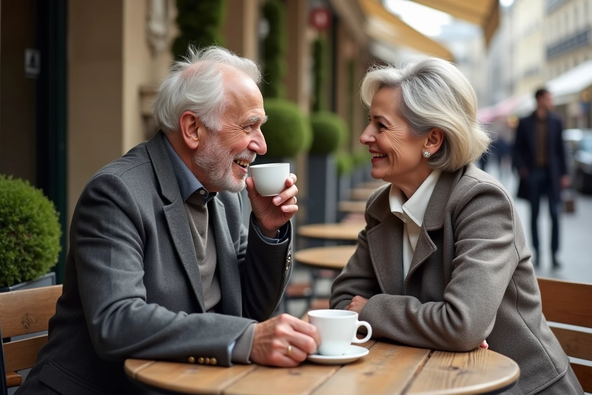 Éric Emmanuel Schmitt au café parisien avec une femme élégante