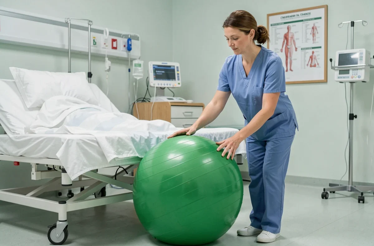 Sage-femme en maternité montrant le bon réglage d'un ballon d'accouchement vert à hauteur ergonomique