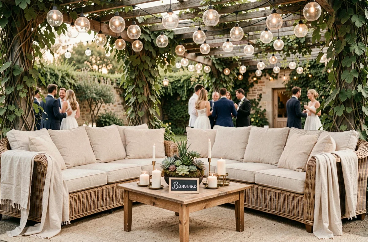 Coin salon de réception mariage en rotin et lin crème avec terrarium de succulentes et décoration bohème chic