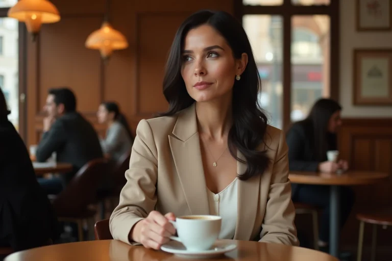 Femme élégante assise dans un café parisien, regard contemplatif, incarnant la discrétion et la vie privée préservée