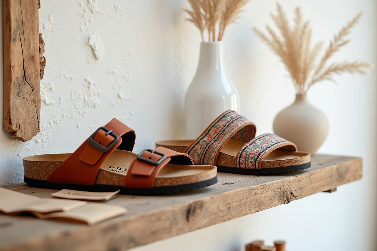 Deux paires de sandales exposées sur une étagère en bois dans une boutique minimaliste avec étiquettes descriptives