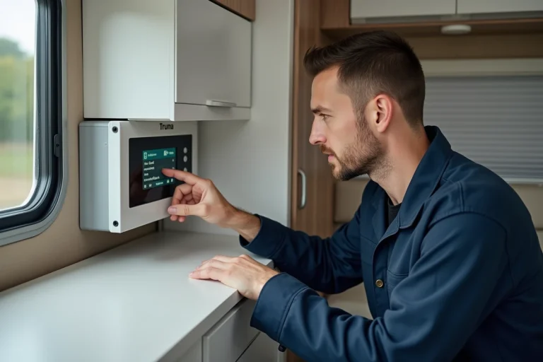 Technicien lisant un code erreur sur le panneau de contrôle Truma CP Plus à l'intérieur d'un camping-car